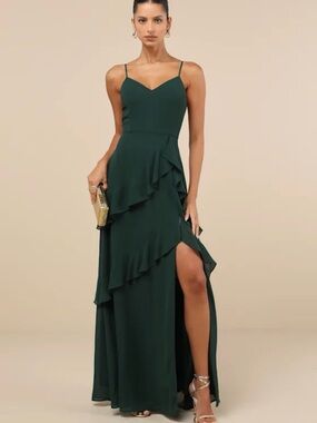 Lulu's Dark Green Spaghetti-Strap Ruffle Maxi Dress